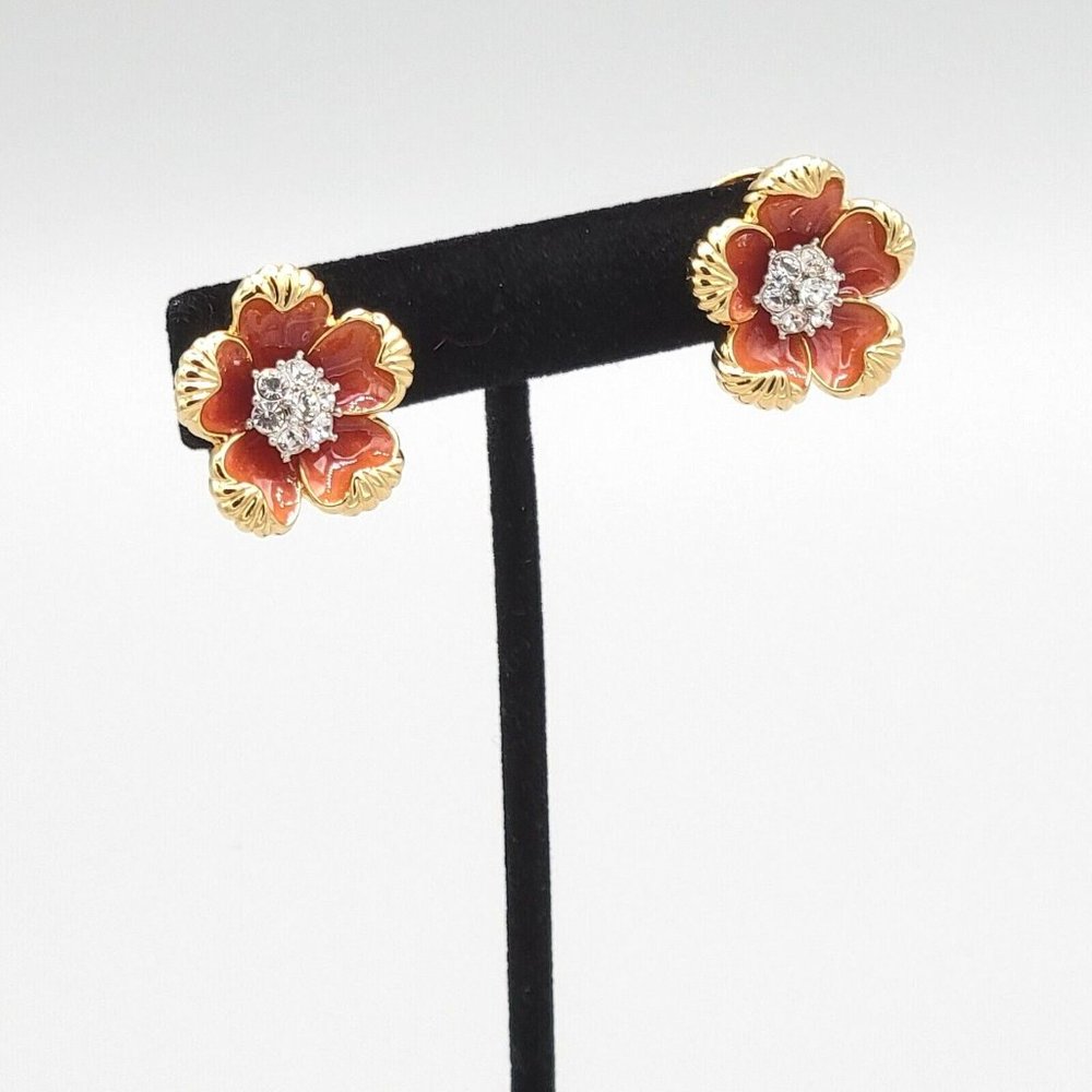 Nolan Miller Signed Gold Tone Metal Flower Cluster Pave Enamel Clip On Earrings - Picture 4 of 6